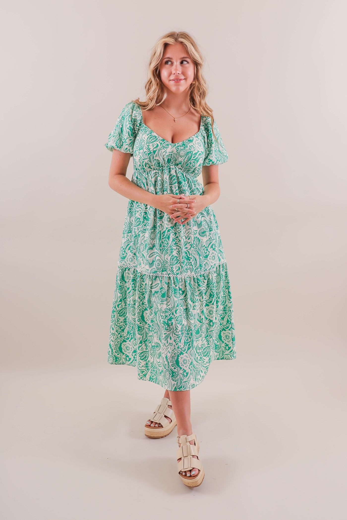 Women's Green Print Midi Dress- Paisley Green Midi Dress- She + Sky Dresses