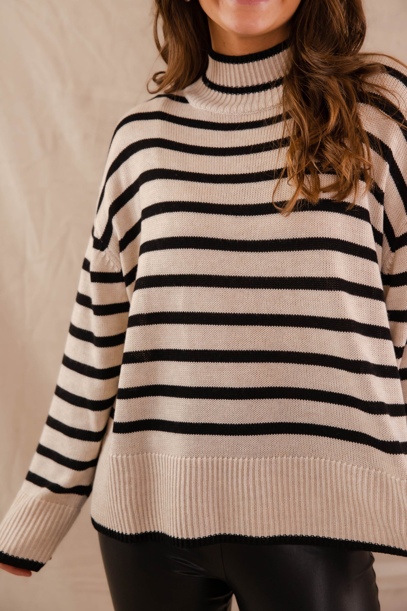 Stripe Knit Turtleneck Sweater- Black and Taupe Stripe Sweater for Women