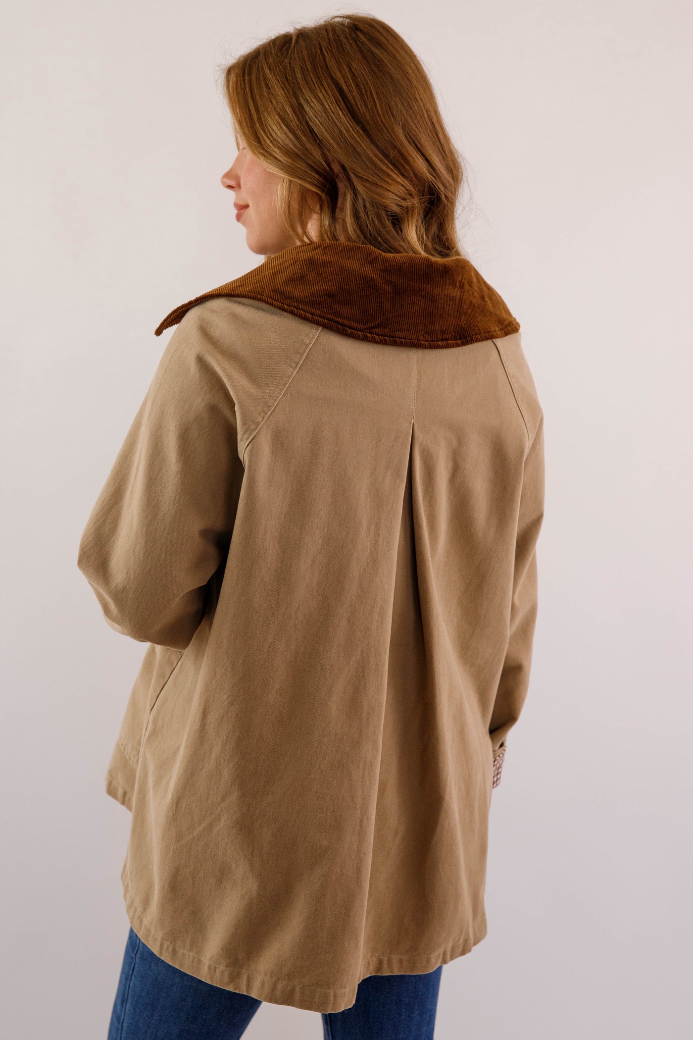 Women's Khaki Zip of Jacket- Women's Casual Jacket- In Loom Khaki Jacket with Gingham Lining