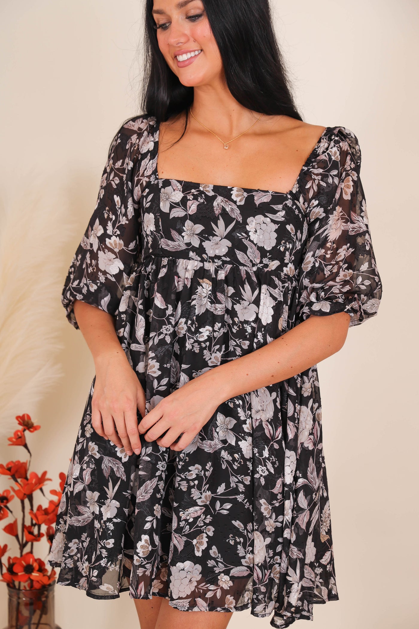 Women's Floral Babydoll Dress- Women's Black and White Dress- Sweet Lemon Dresses