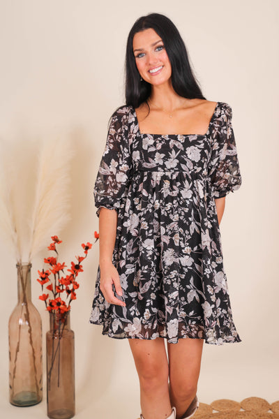 Women's Floral Babydoll Dress- Women's Black and White Dress- Sweet Lemon Dresses