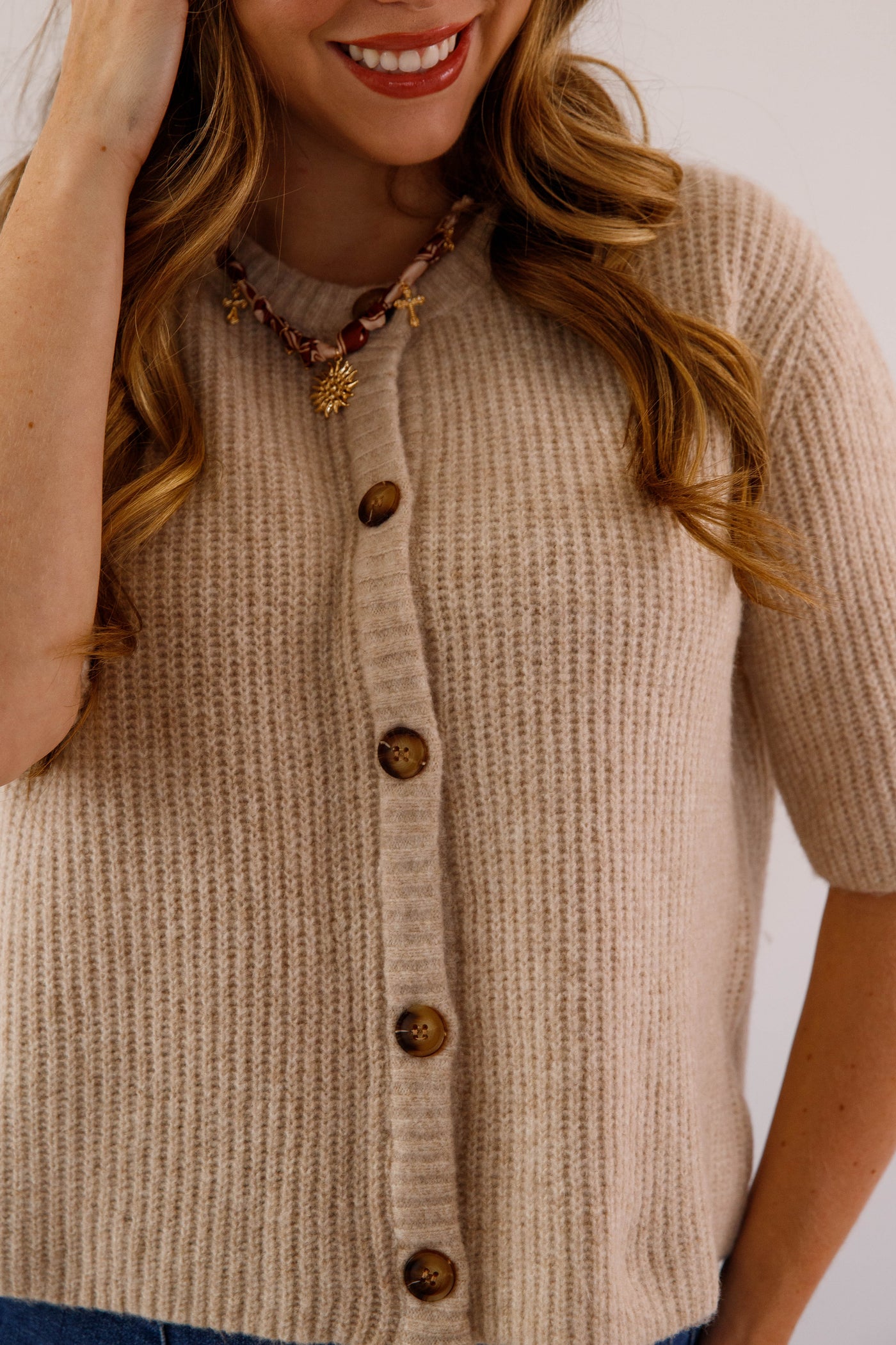 Women's Taupe Button Up Cardigan-  Classic Taupe Short Sleeved Cardigan- Miss Love Taupe Cardigan