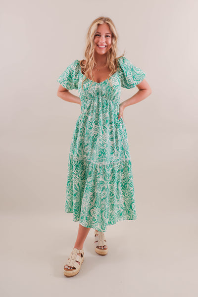 Women's Green Print Midi Dress- Paisley Green Midi Dress- She + Sky Dresses