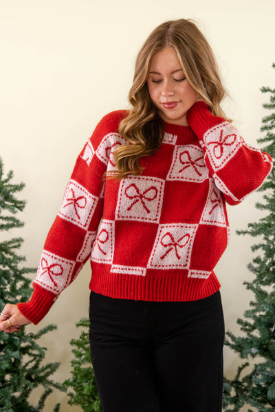 Checked Bow Sweater- Red Bow Sweater- 