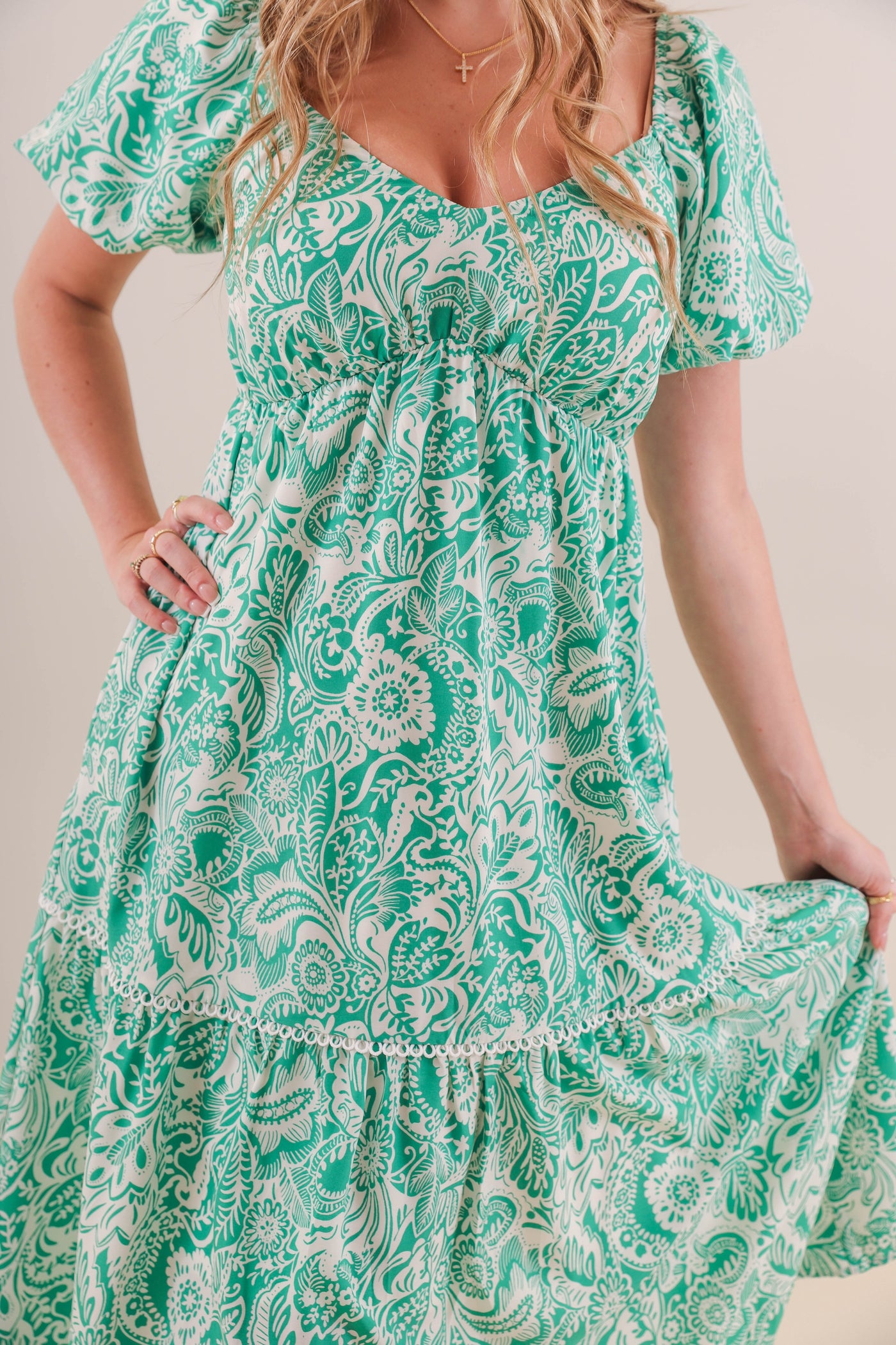 Women's Green Print Midi Dress- Paisley Green Midi Dress- She + Sky Dresses