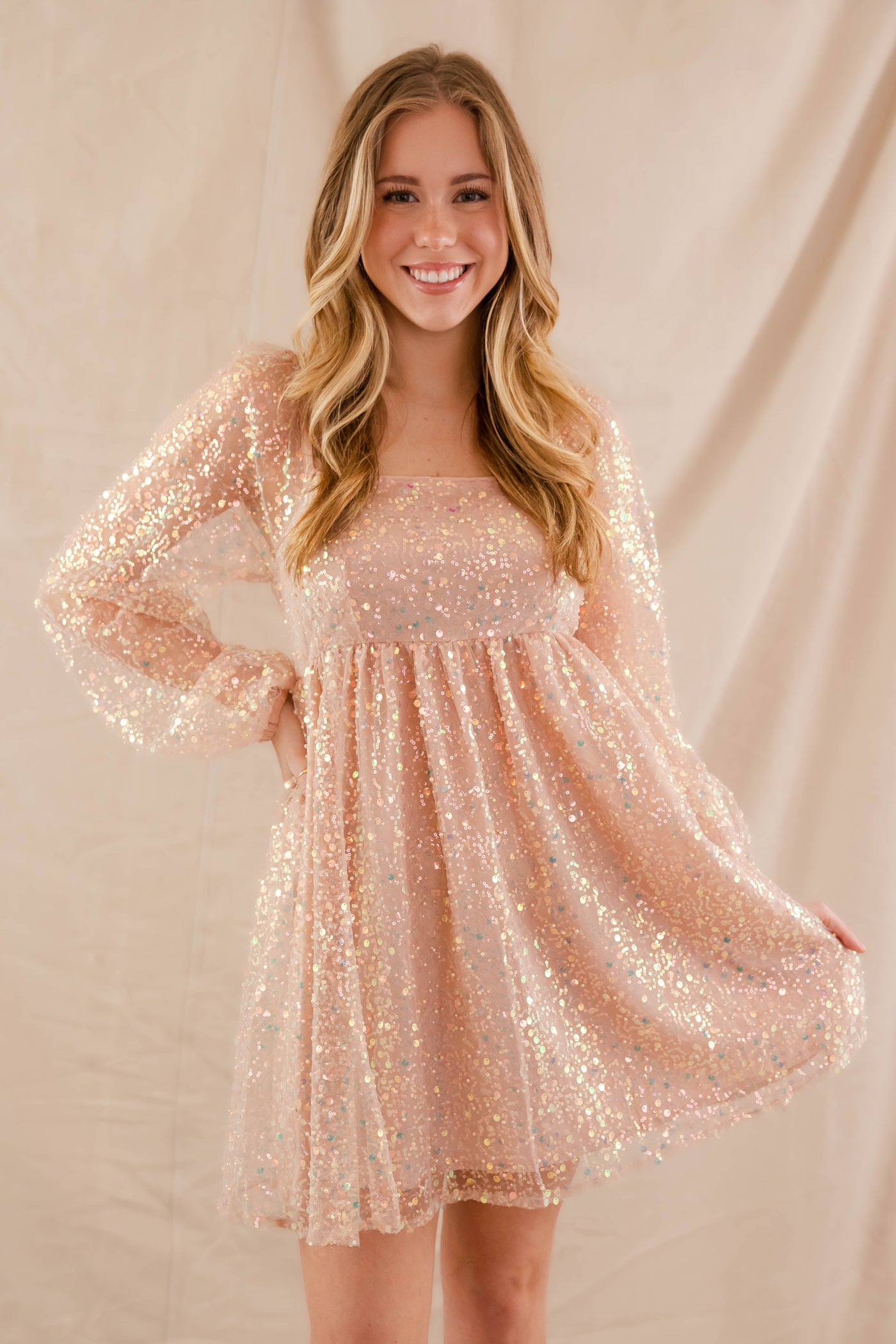 Women's Long Sleeve Sequin Dress- Blush Pink Sequin Dress- Main Strip Party Dress Dress