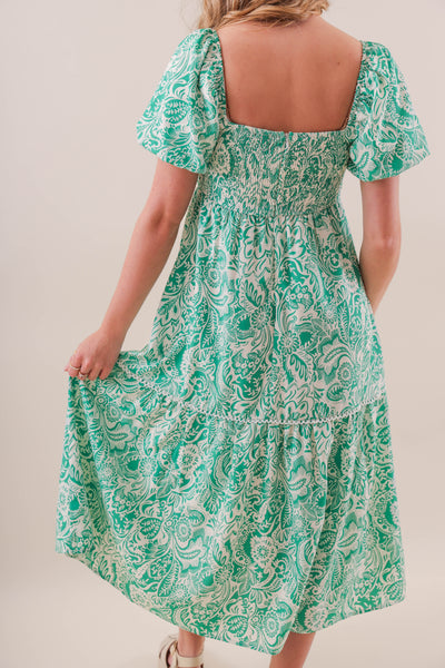 Women's Green Print Midi Dress- Paisley Green Midi Dress- She + Sky Dresses