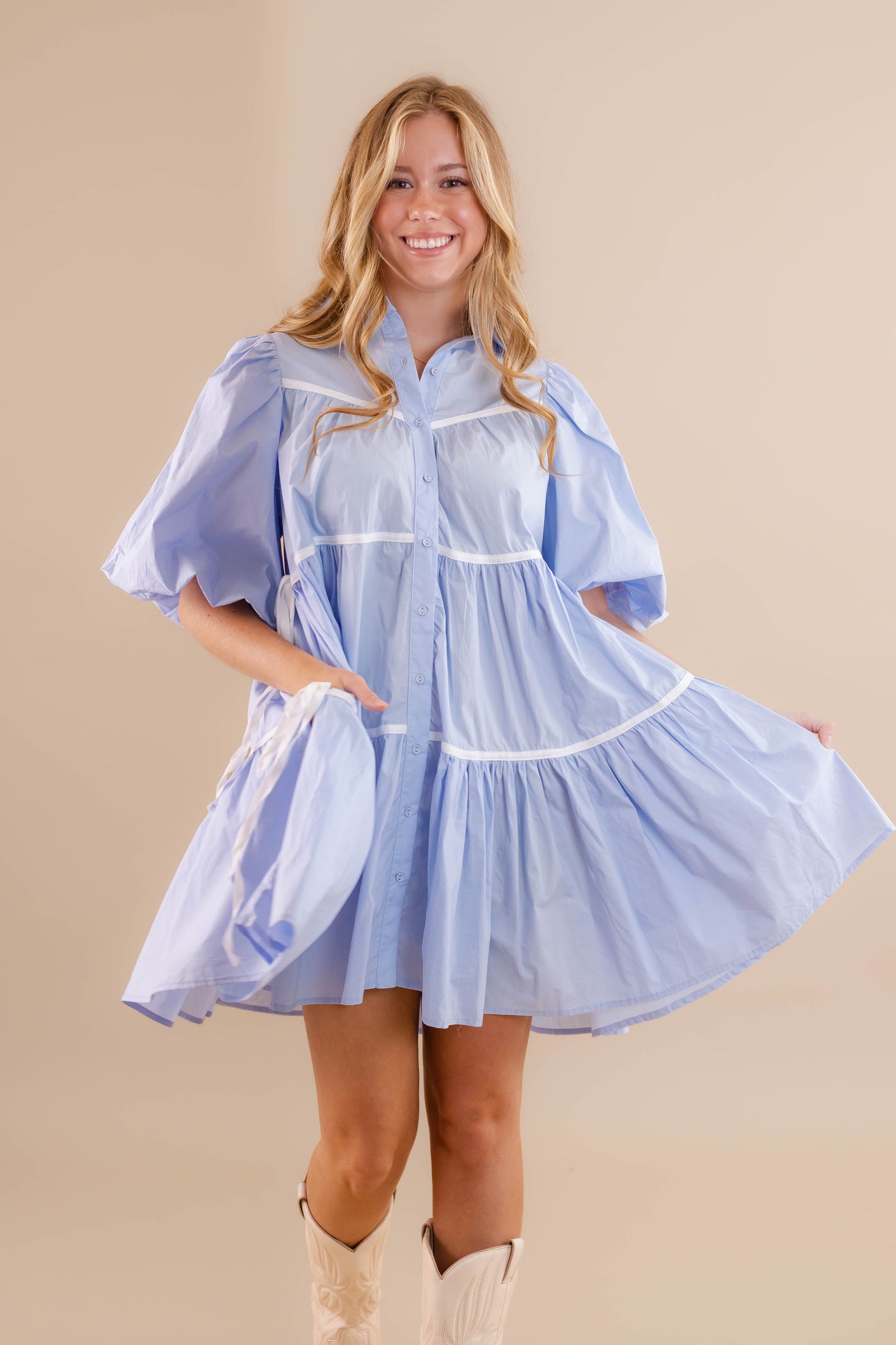 Women's Blue Button Down Dress- Chic High End Dress with Bubble Sleeves- Sofie The Label Dress