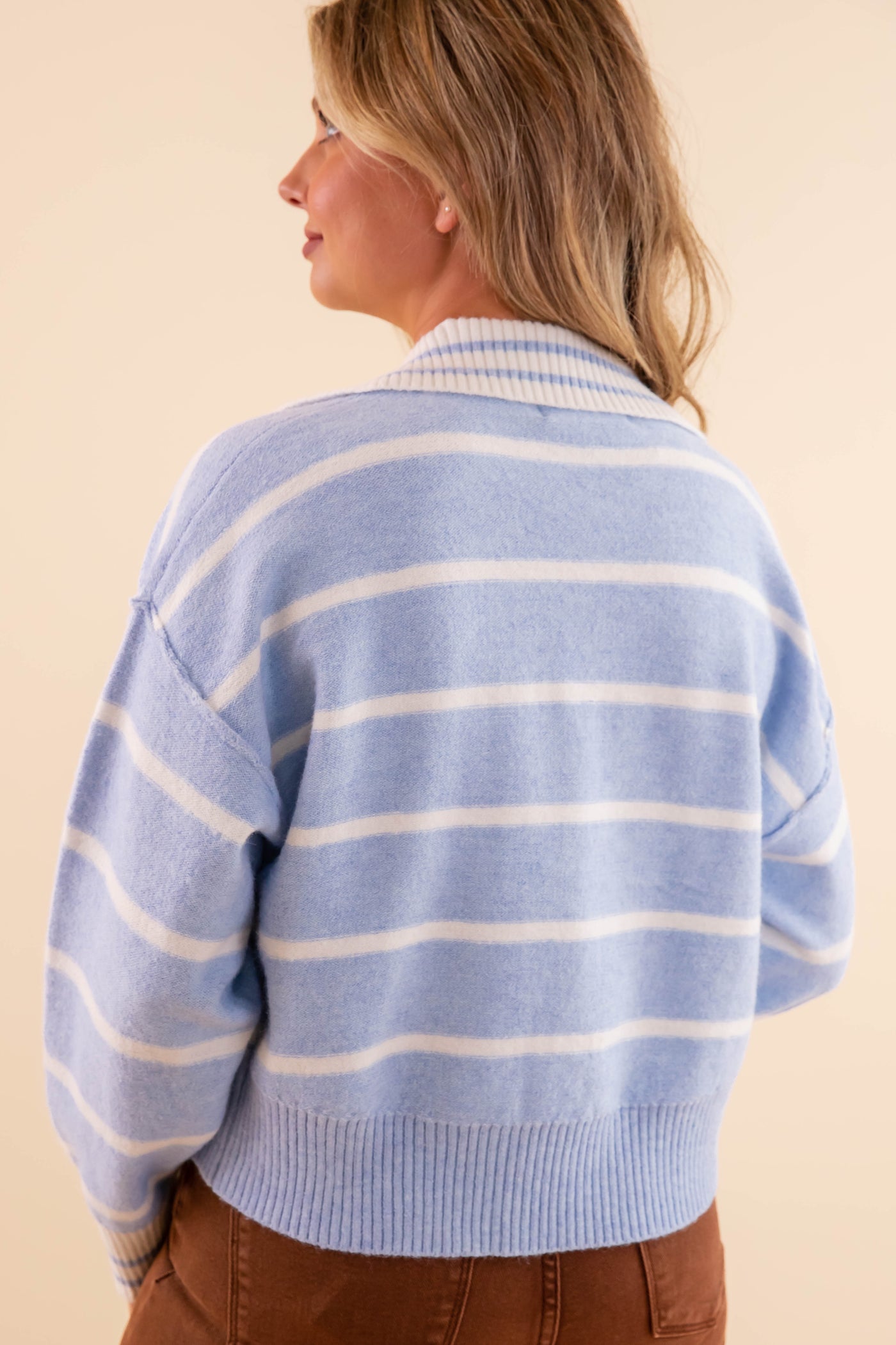 Blue and White Stripe Pullover Sweater- Women's Soft Collar Sweater- Creamon Sweater