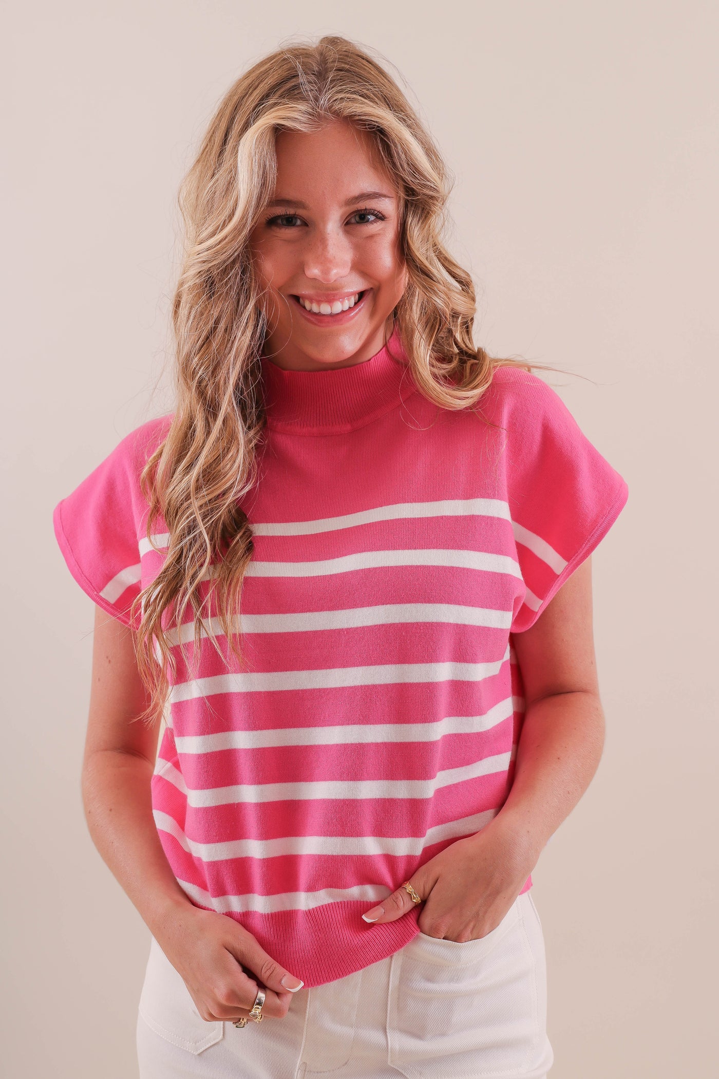 Women's Pink and White Stripe Blouse- Women's Preppy Tops- Eesome Tops