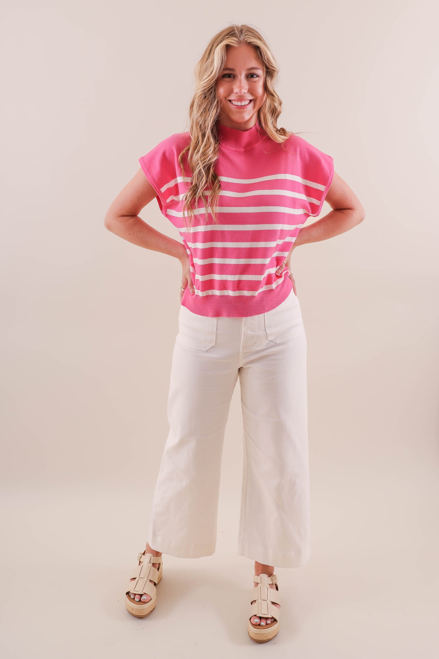 Women's Pink and White Stripe Blouse- Women's Preppy Tops- Eesome Tops