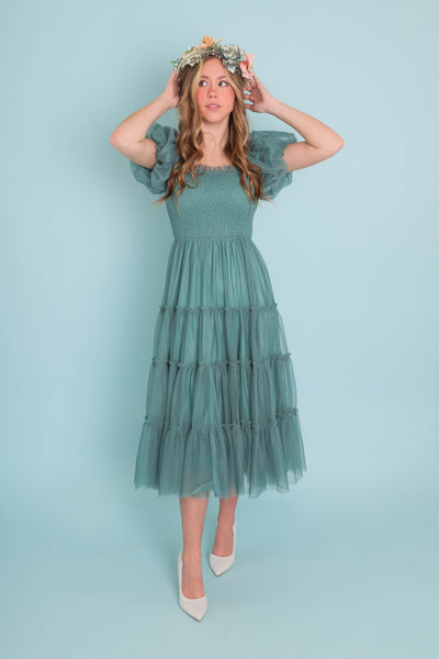 Women's Pretty Teal Tulle Dress- Women's Tulle Long Dress- Tulle Long Photoshoot Dress