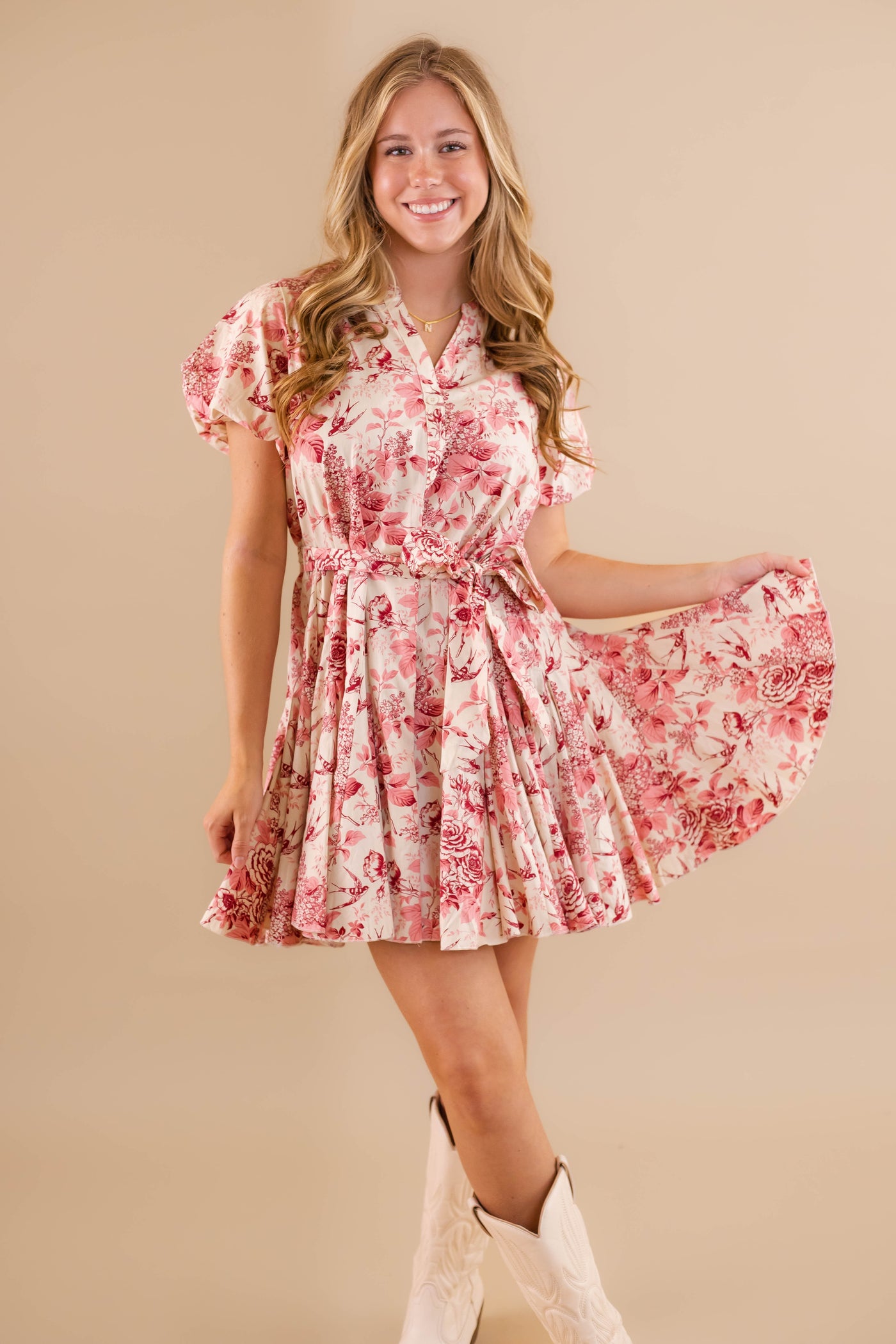 Button Down Shirt Dress- Women's Vintage Inspired Dress- Pink and Red Floral Pleated Dress