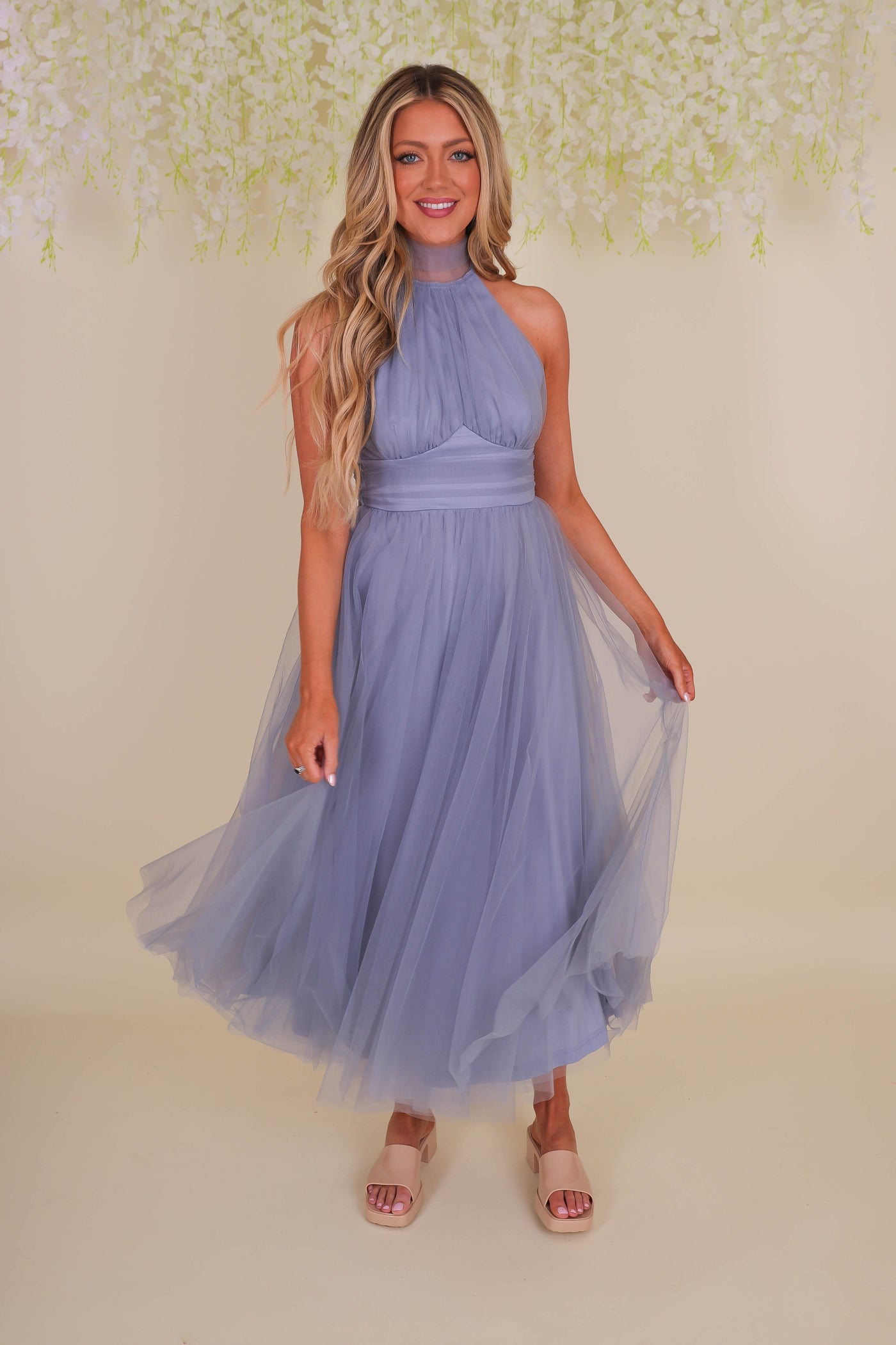 Women's Blue Midi Dress- Fancy Tulle Dress For Women- Fancy Wedding Guest Dress