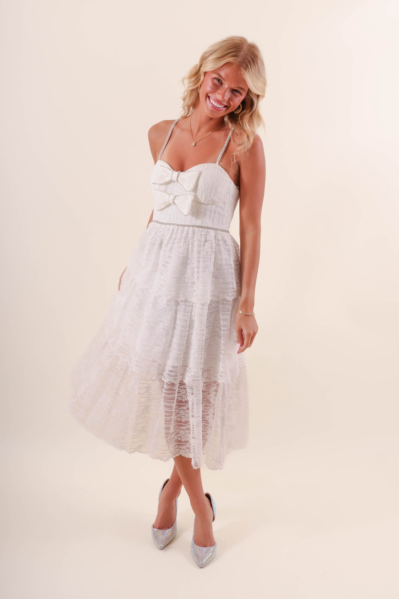 Women's White Lace Midi Dress- Women's Bow and Rhinestone Midi Dress- LENA Midi Dress