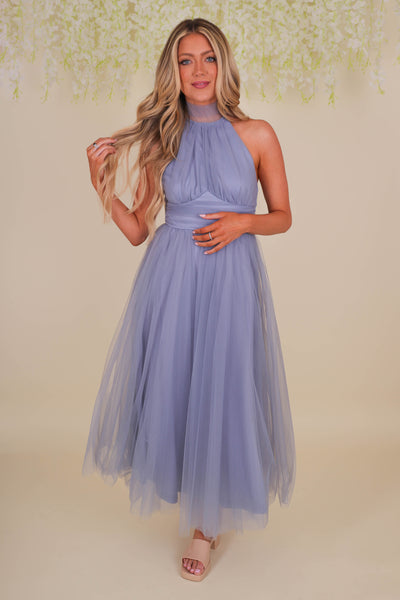 Women's Blue Midi Dress- Fancy Tulle Dress For Women- Fancy Wedding Guest Dress