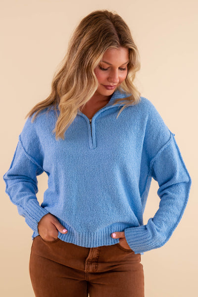Classic Blue Zip Up Sweater- Women's Quarter Zip Sweater- Promesa Light Blue Zip Up Sweater
