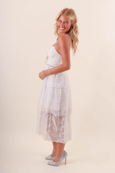 Women's White Lace Midi Dress- Women's Bow and Rhinestone Midi Dress- LENA Midi Dress