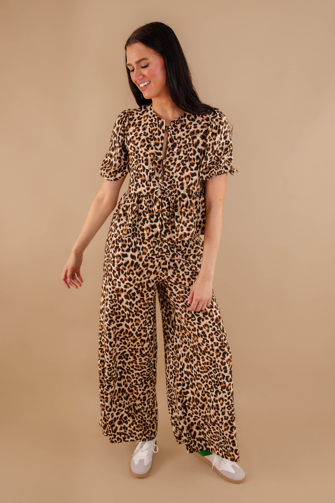 Leopard Tie Front Blouse- Women's Leopard Matching Set- Women's Cheetah Matching Two-Piece Set