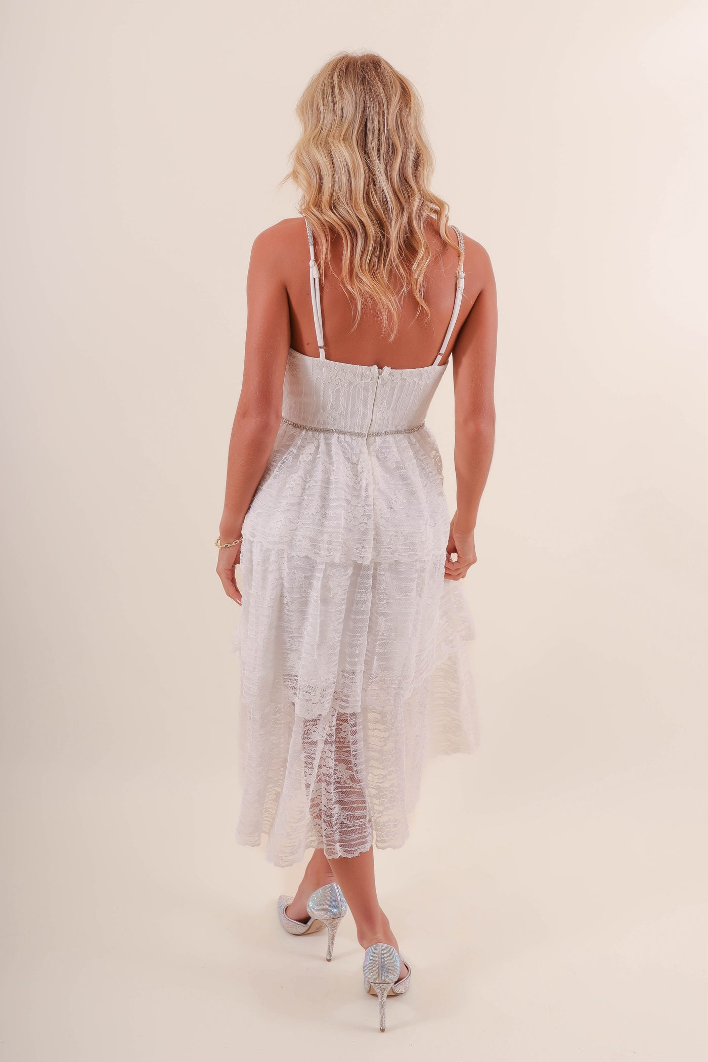 Women's White Lace Midi Dress- Women's Bow and Rhinestone Midi Dress- LENA Midi Dress