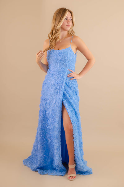 Blue 3D Flower Maxi Dress- Women's Formal Blue Long Dress- Rosette Maxi Dress