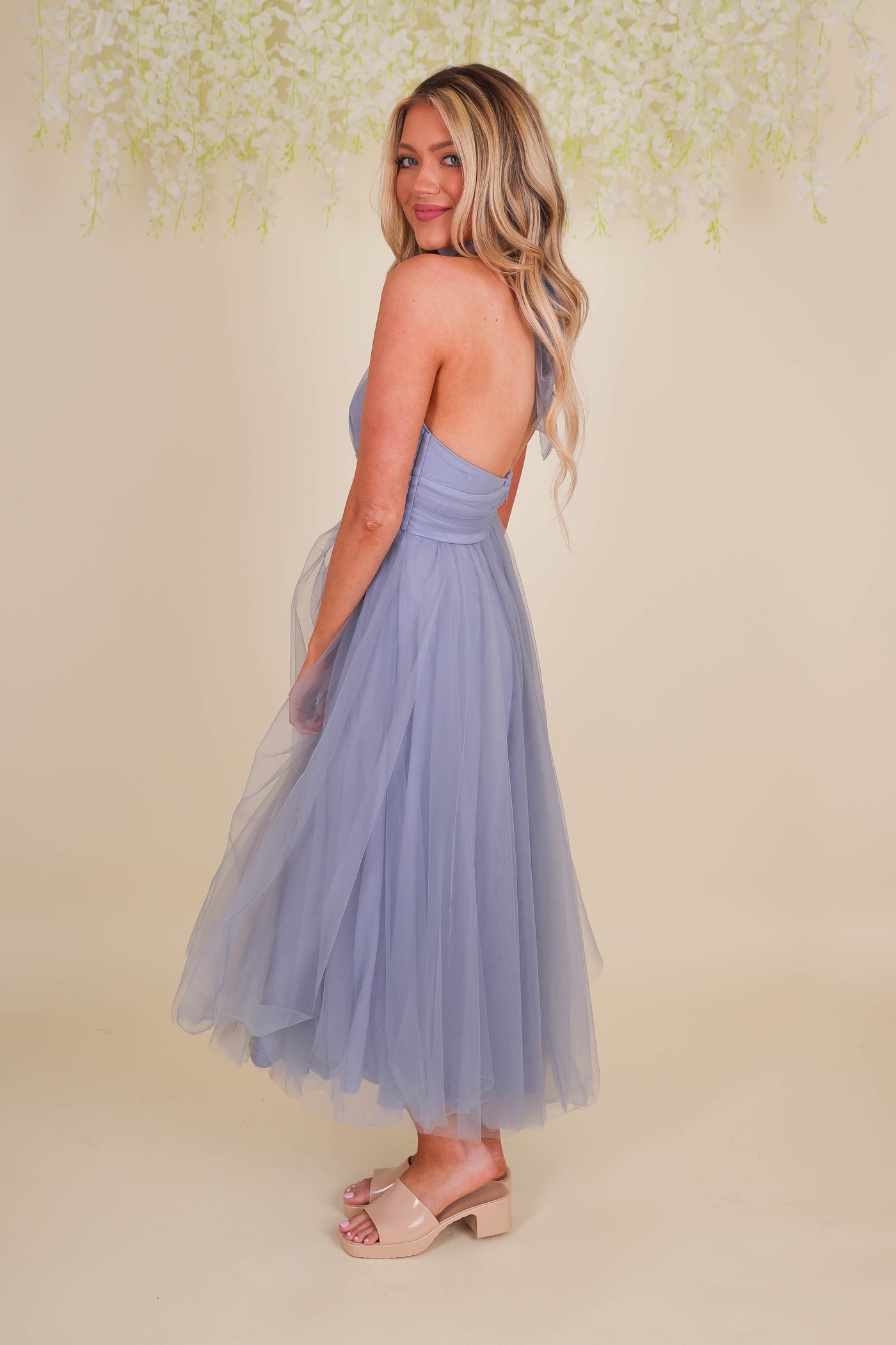 Women's Blue Midi Dress- Fancy Tulle Dress For Women- Fancy Wedding Guest Dress