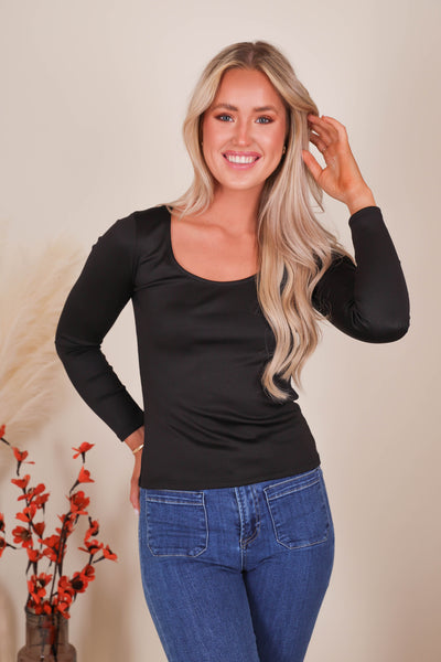 Women's Fitted Ribbed Top- Women's Black Long Sleeve Top- Mittoshop Tops