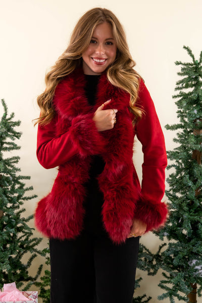 Red Suede Fur Coat- Women's Red Coat with Fur- Coalition Red Fur Jacket