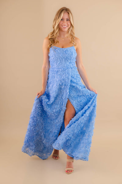 Blue 3D Flower Maxi Dress- Women's Formal Blue Long Dress- Rosette Maxi Dress