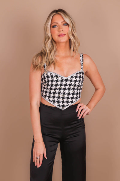 Women's Heart Shaped Crop Top- Women's Houndstooth Rhinestone Top- Lena Rhinestone Top