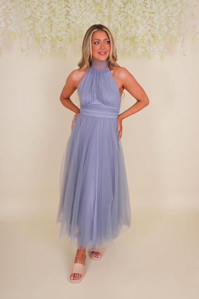 Women's Blue Midi Dress- Fancy Tulle Dress For Women- Fancy Wedding Guest Dress