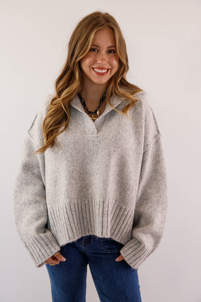 Polo Collar Ribbed Hem Sweater- Women's Cozy Grey Sweater- Boxy Knit Sweater for Women