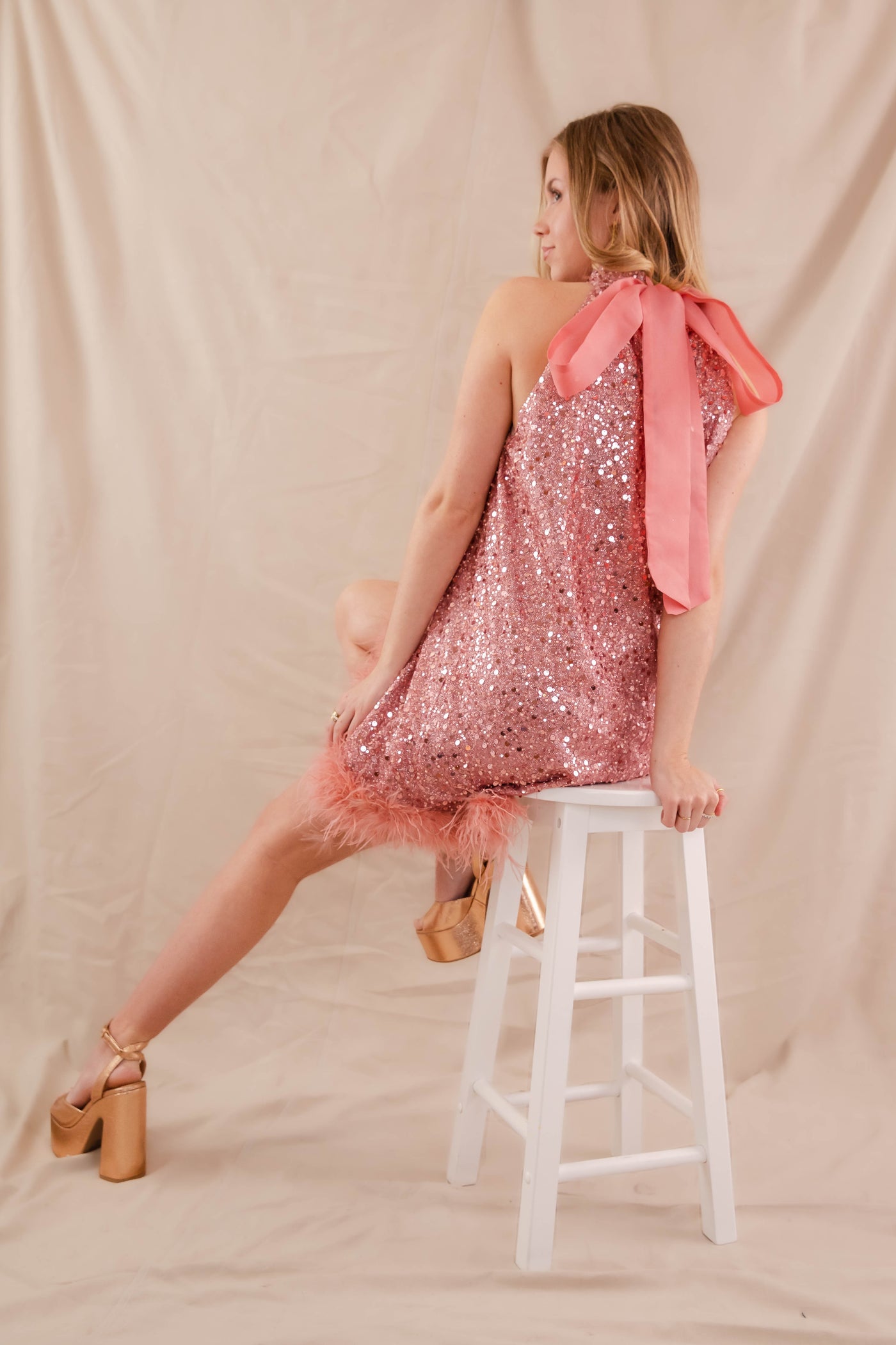 Hot Pink Feather Dress- Women's Pink Sequin Dress- Sequin Feather Dress