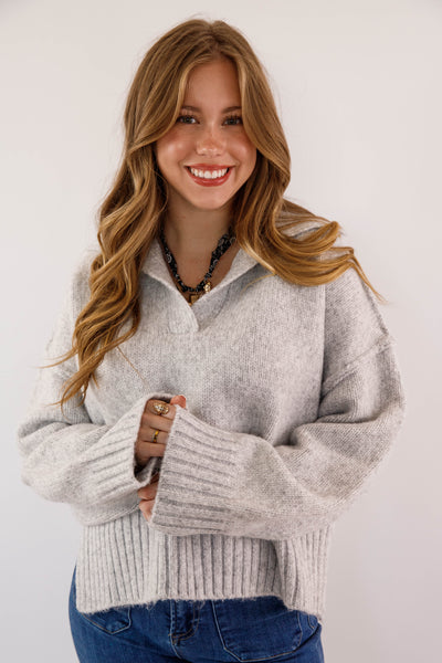 Polo Collar Ribbed Hem Sweater- Women's Cozy Grey Sweater- Boxy Knit Sweater for Women