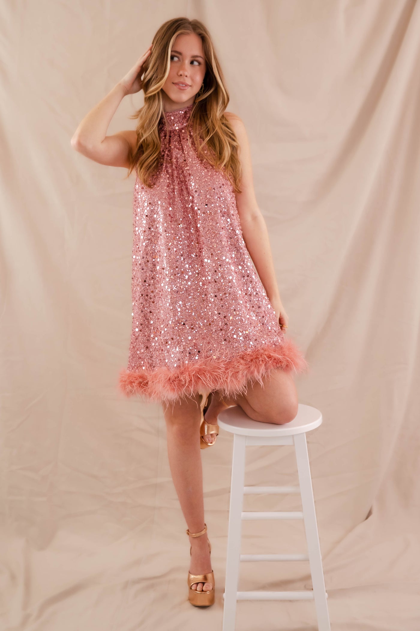 Hot Pink Feather Dress- Women's Pink Sequin Dress- Sequin Feather Dress