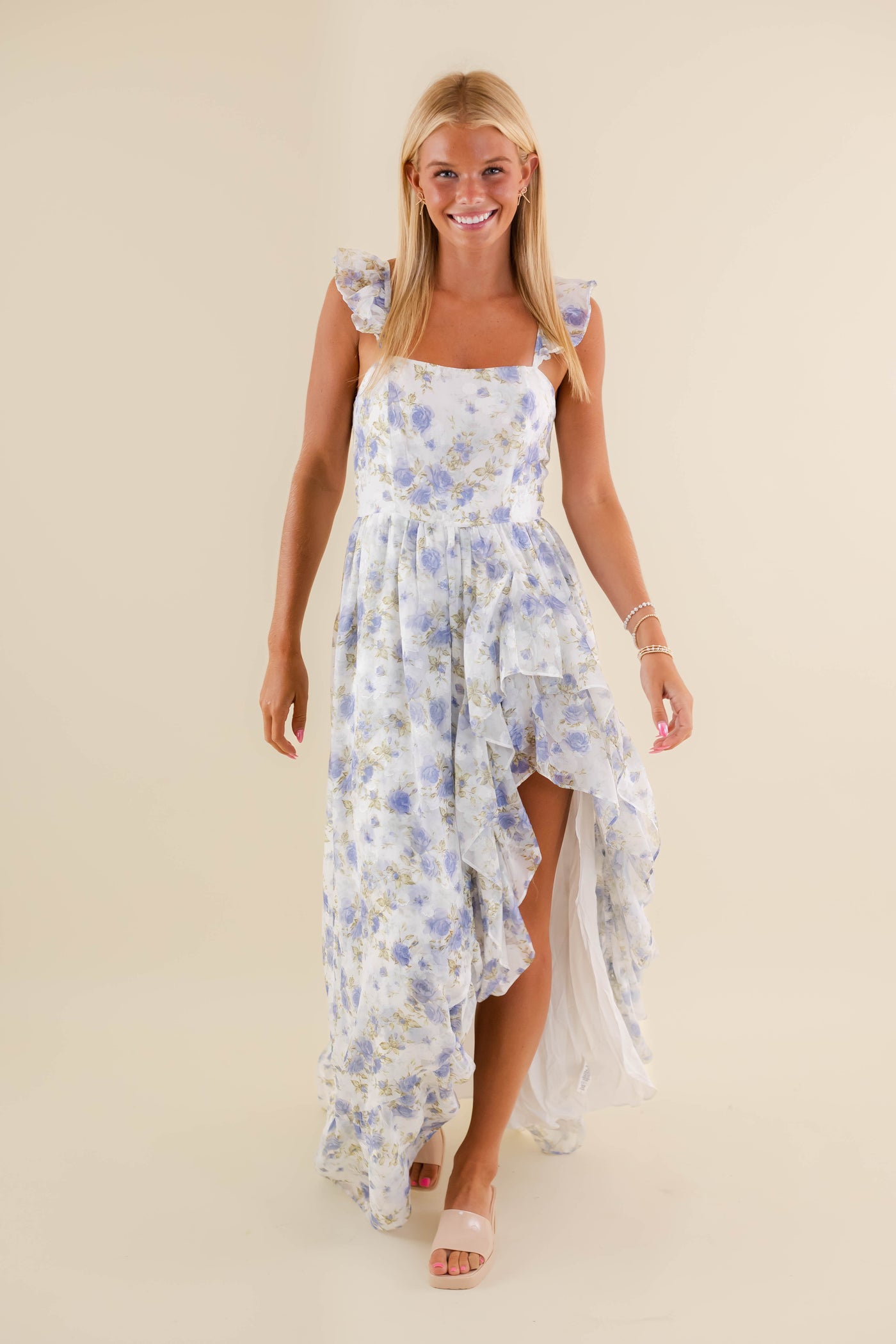 Blue Rose Printed Dress-High-Low Maxi Dress- Storia Floral Print Dress