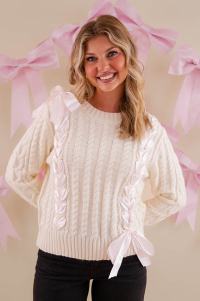 Ivory Sweater With Pink Ribbon- Cable Knit Ribbon Sweater For Women- LoveShack Bow Sweater