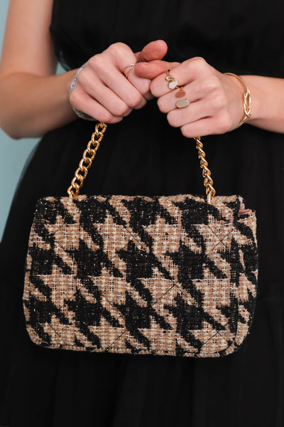 Black and Beige Tweed Handbag- Designer Dupe Tweed Chain Purse- Urban Expressions Handbags