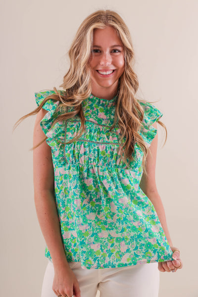 Green Babydoll Style Top- Women's Preppy Tops- Women's Colorful Blouse