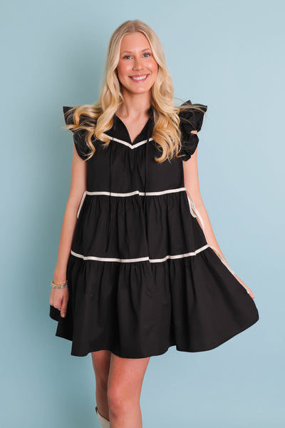 Women's Black Button Down Dress- Chic High End Dress with Ruffle Sleeves- Sofie The Label Dress