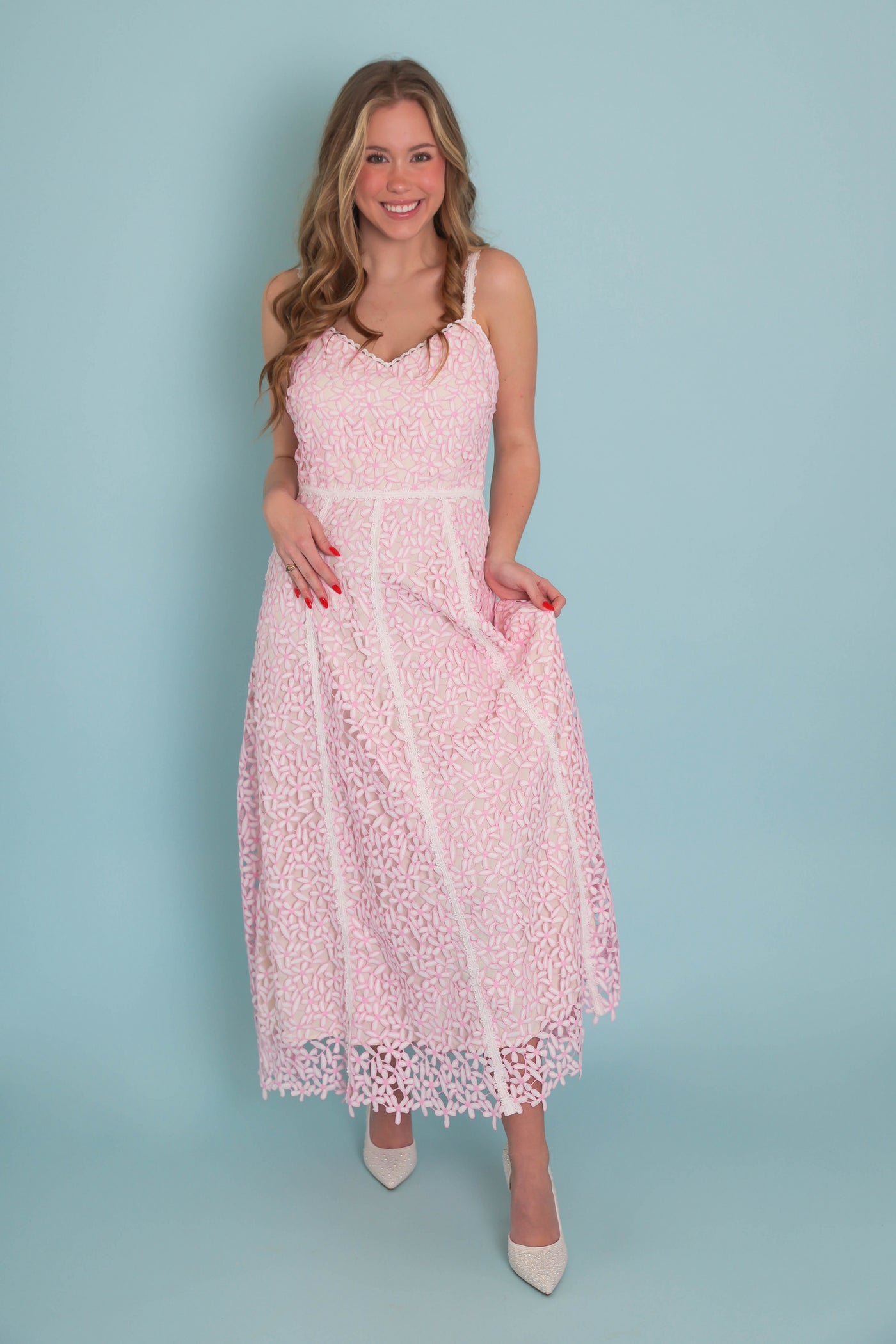 Pink Floral Embroidery Dress- Coquette Style Dresses- Just Me Flower Dress