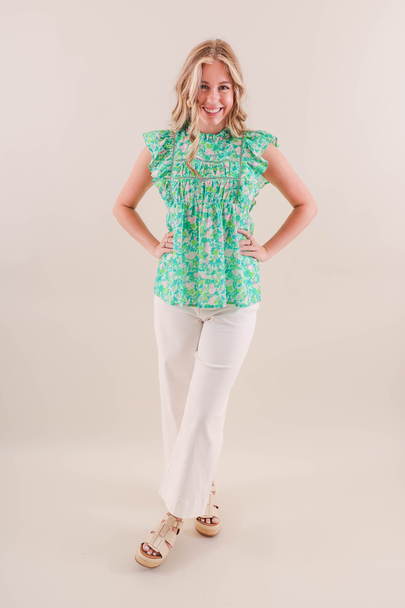 Green Babydoll Style Top- Women's Preppy Tops- Women's Colorful Blouse