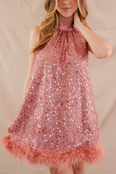 Hot Pink Feather Dress- Women's Pink Sequin Dress- Sequin Feather Dress