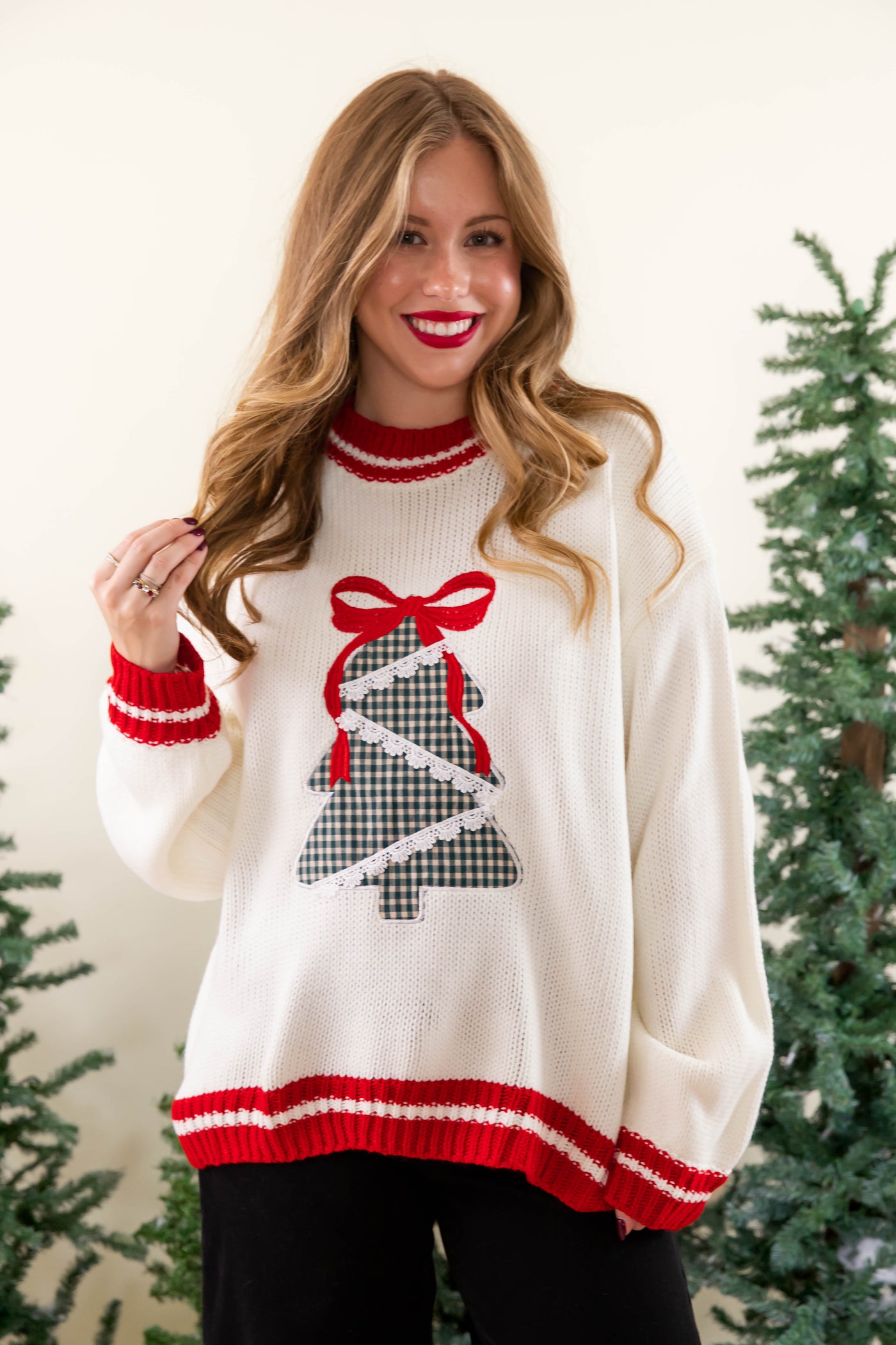 Classic Red Bow Christmas Tree Sweater- Elegant Christmas Tree Sweater- Main Strip Christmas Sweater