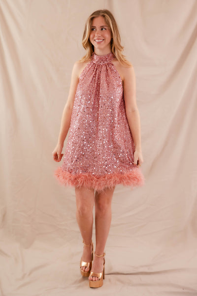 Hot Pink Feather Dress- Women's Pink Sequin Dress- Sequin Feather Dress