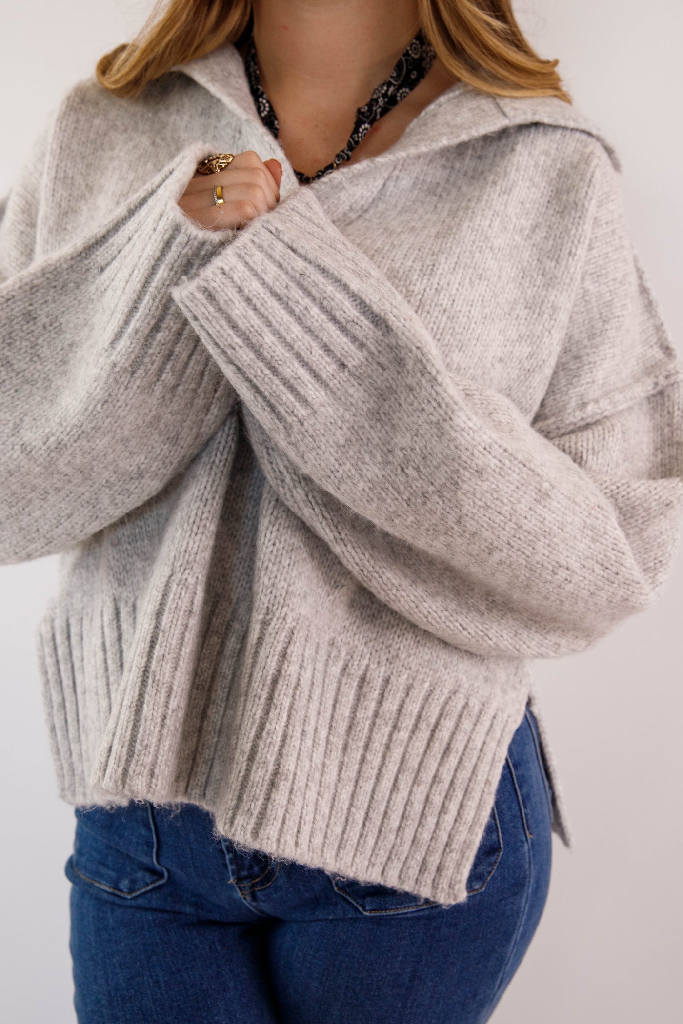 Polo Collar Ribbed Hem Sweater- Women's Cozy Grey Sweater- Boxy Knit Sweater for Women