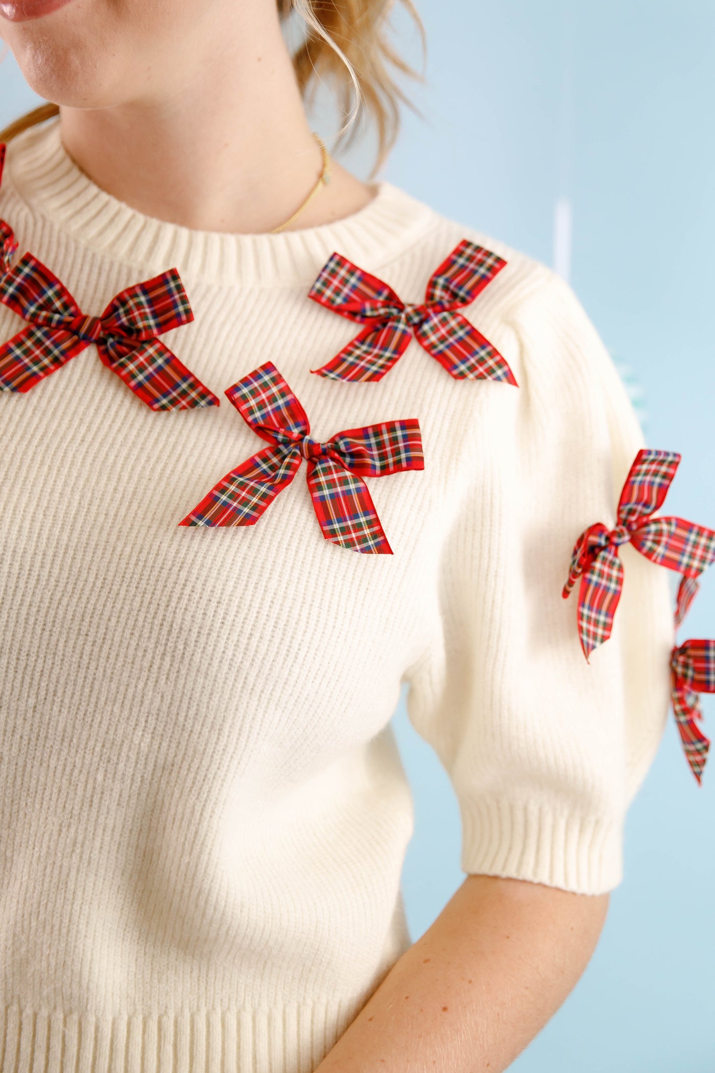 Tartan Plaid Bow Sweater- Women's Preppy Bow Sweater- Day + Moon Sweaters