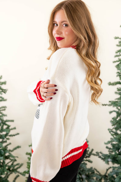 Classic Red Bow Christmas Tree Sweater- Elegant Christmas Tree Sweater- Main Strip Christmas Sweater