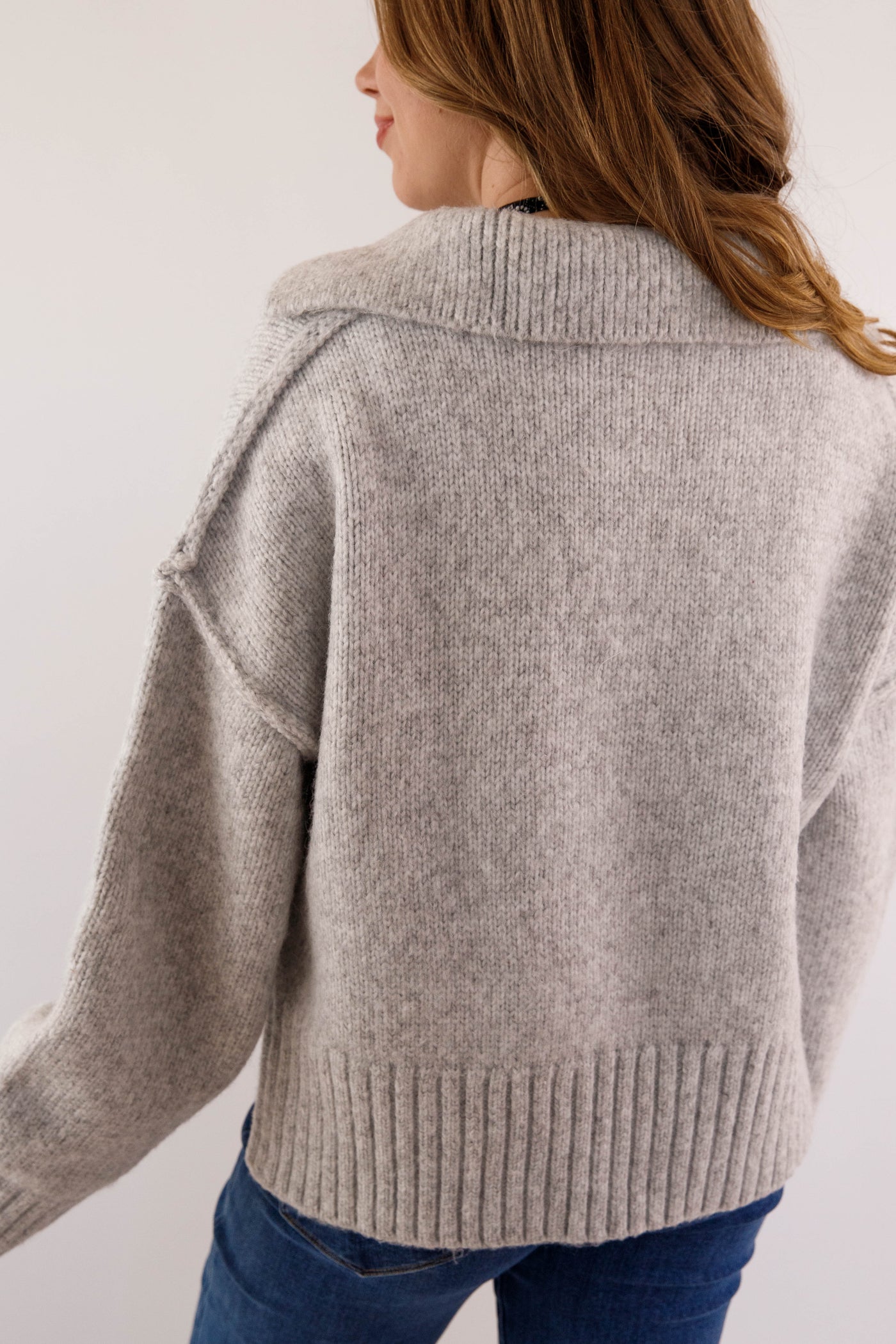 Polo Collar Ribbed Hem Sweater- Women's Cozy Grey Sweater- Boxy Knit Sweater for Women