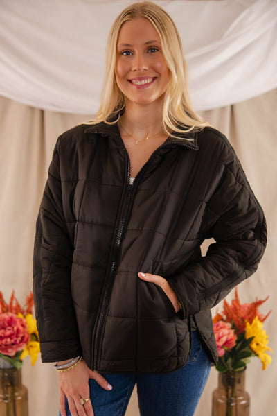 Black Quilted Puffer Jacket- Women's Boxy Fall Jacket- FP Dupe Quilted Jacket